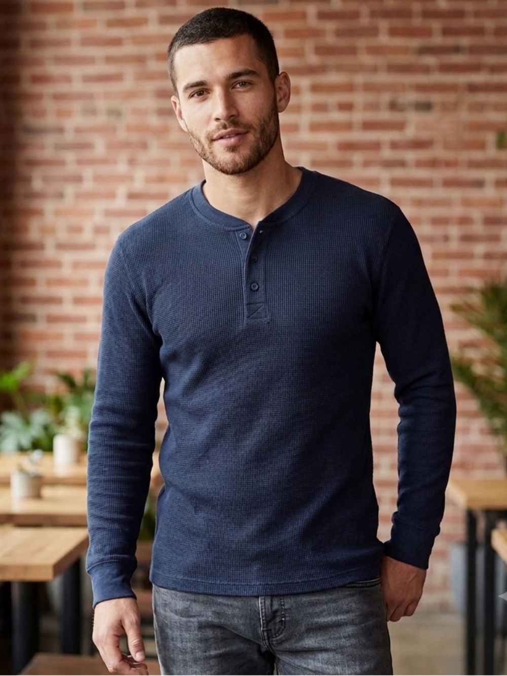 Men's Red Head Navy Long-Sleeve Waffle Henley Shirt, Size Medium